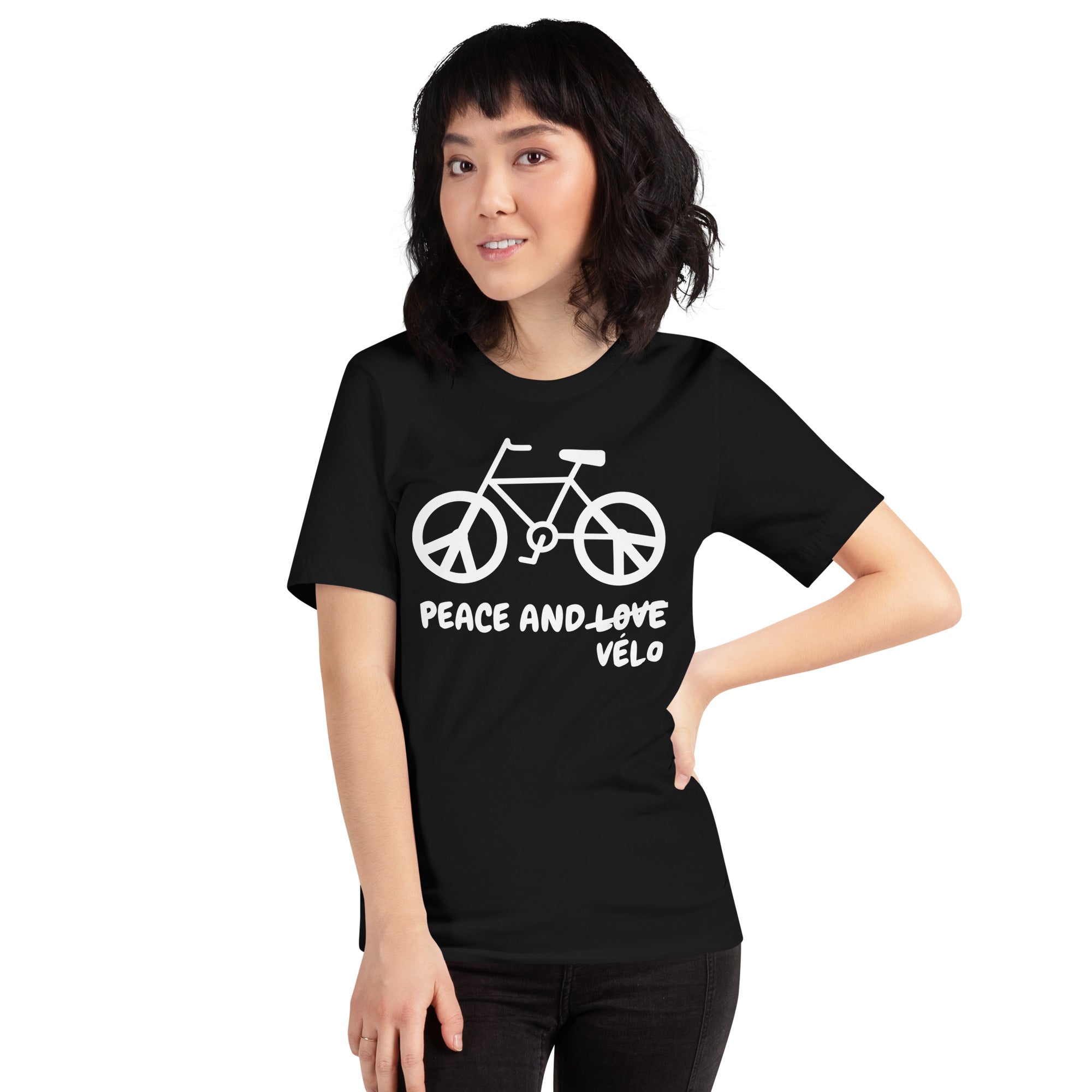 T-shirt unisexe Peace and Vélo (Lettrage clair)