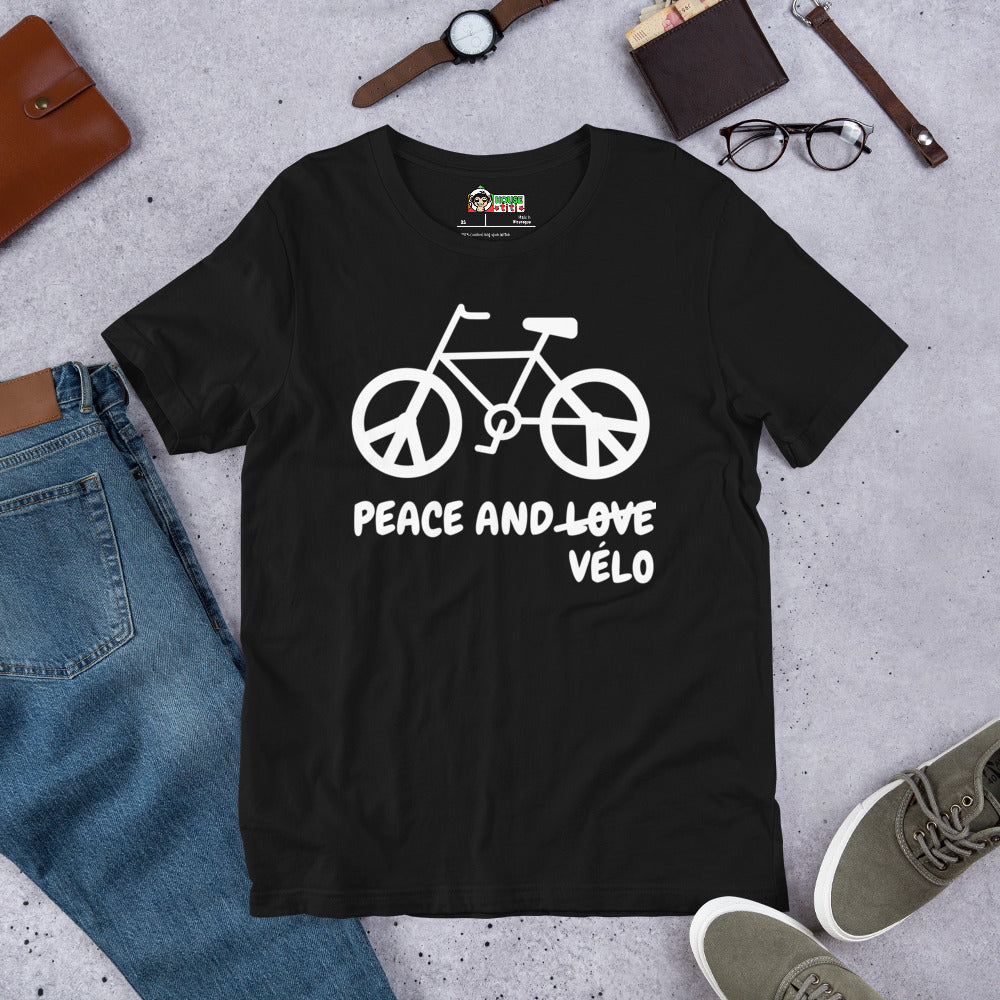 T-shirt unisexe Peace and Vélo (Lettrage clair)