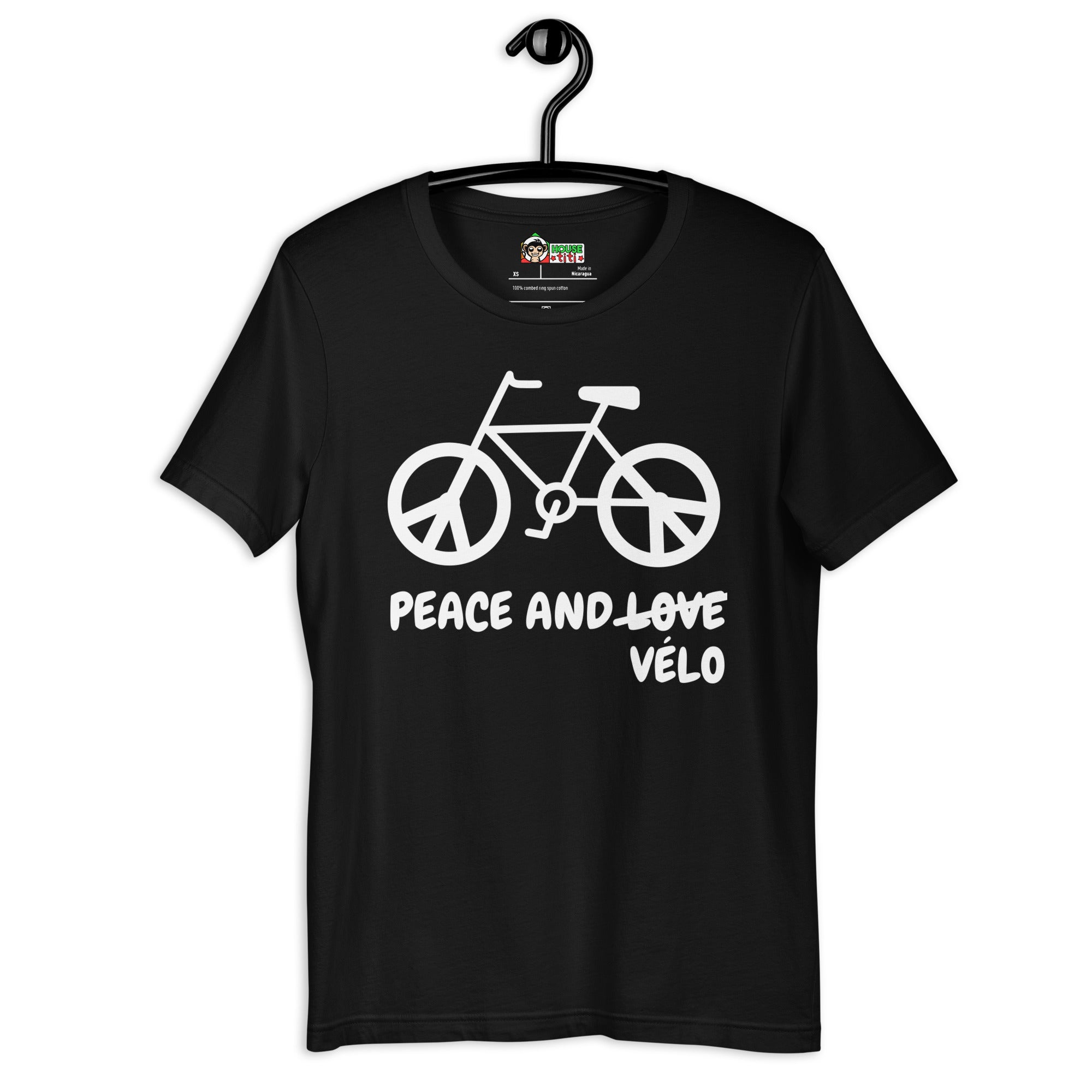 T-shirt unisexe Peace and Vélo (Lettrage clair)