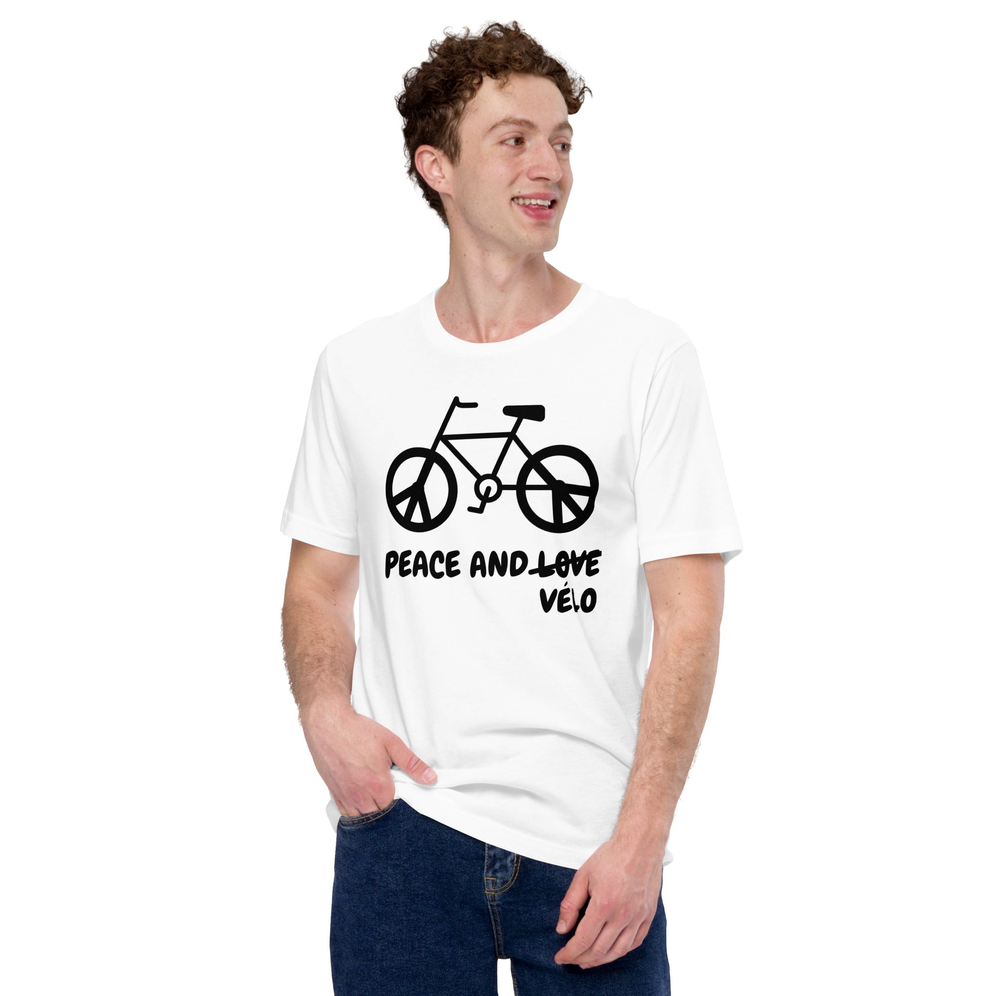 T-shirt unisexe Peace and Vélo (Lettrage foncé)