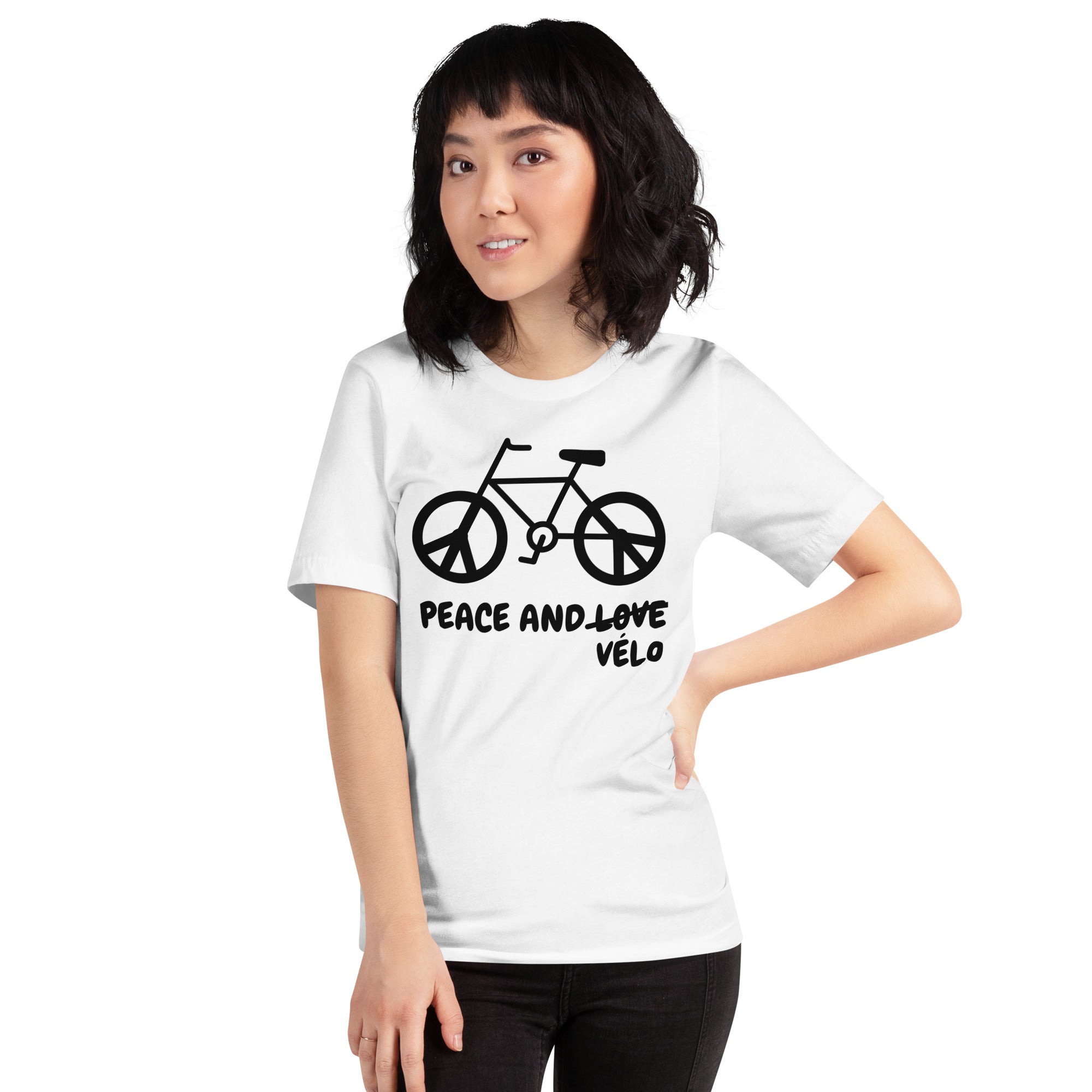 T-shirt unisexe Peace and Vélo (Lettrage foncé)