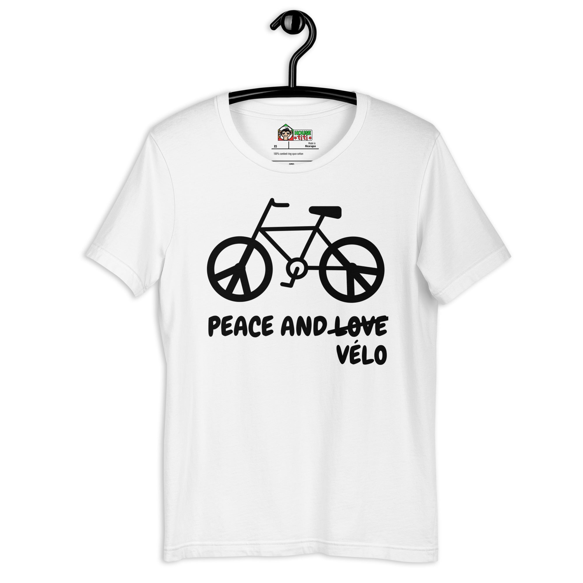 T-shirt unisexe Peace and Vélo (Lettrage foncé)