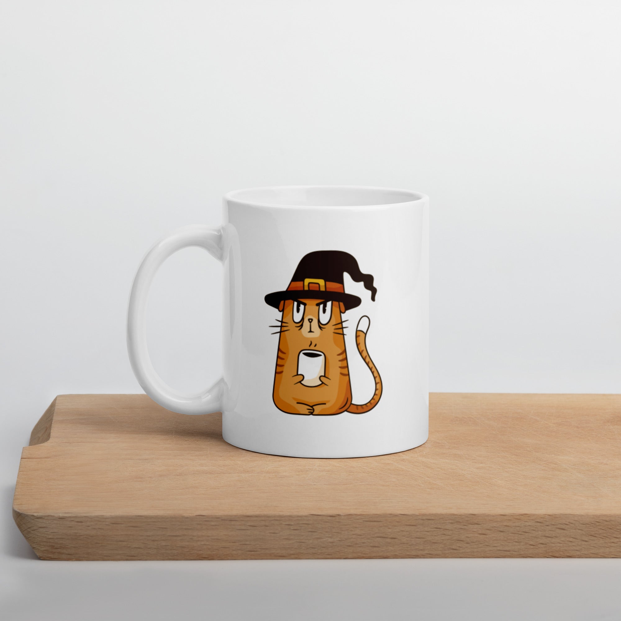 Mug Blanc Brillant Chat avec Chapeau de Sorcière