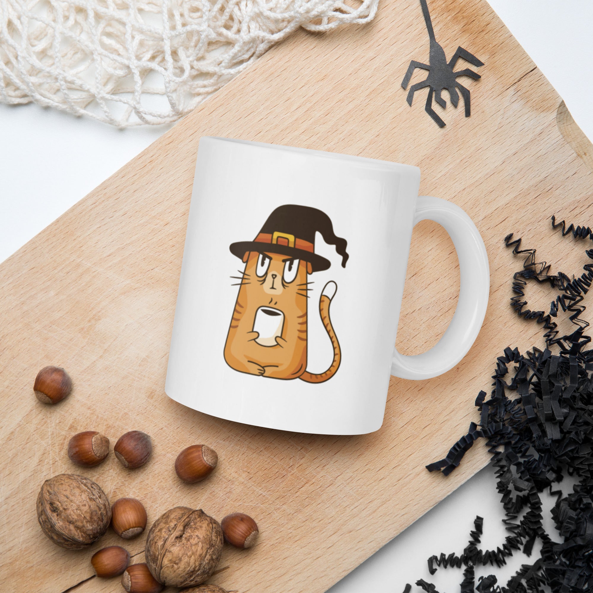 Mug Blanc Brillant Chat avec Chapeau de Sorcière