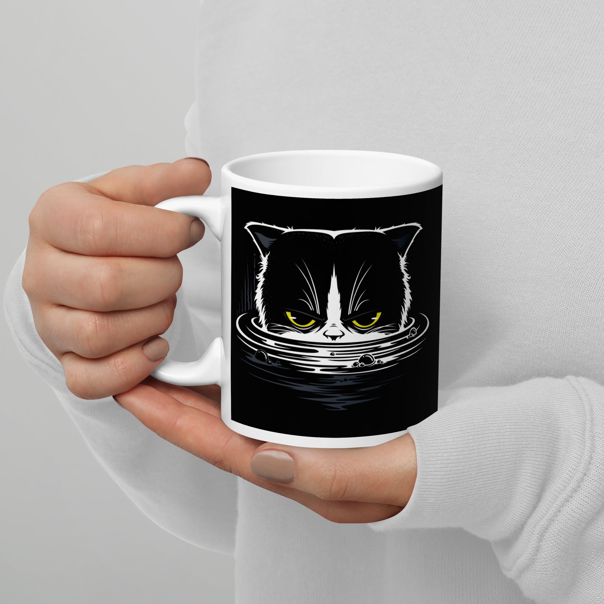 Mug Blanc Brillant Chat Dans L'eau