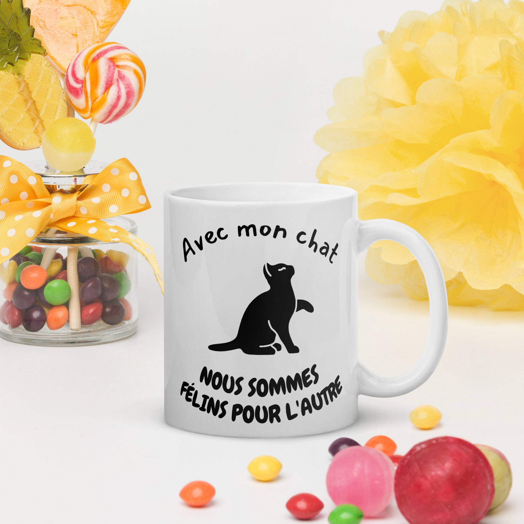 Mug Blanc Brillant Avec mon chat nous sommes félins pour l'autre