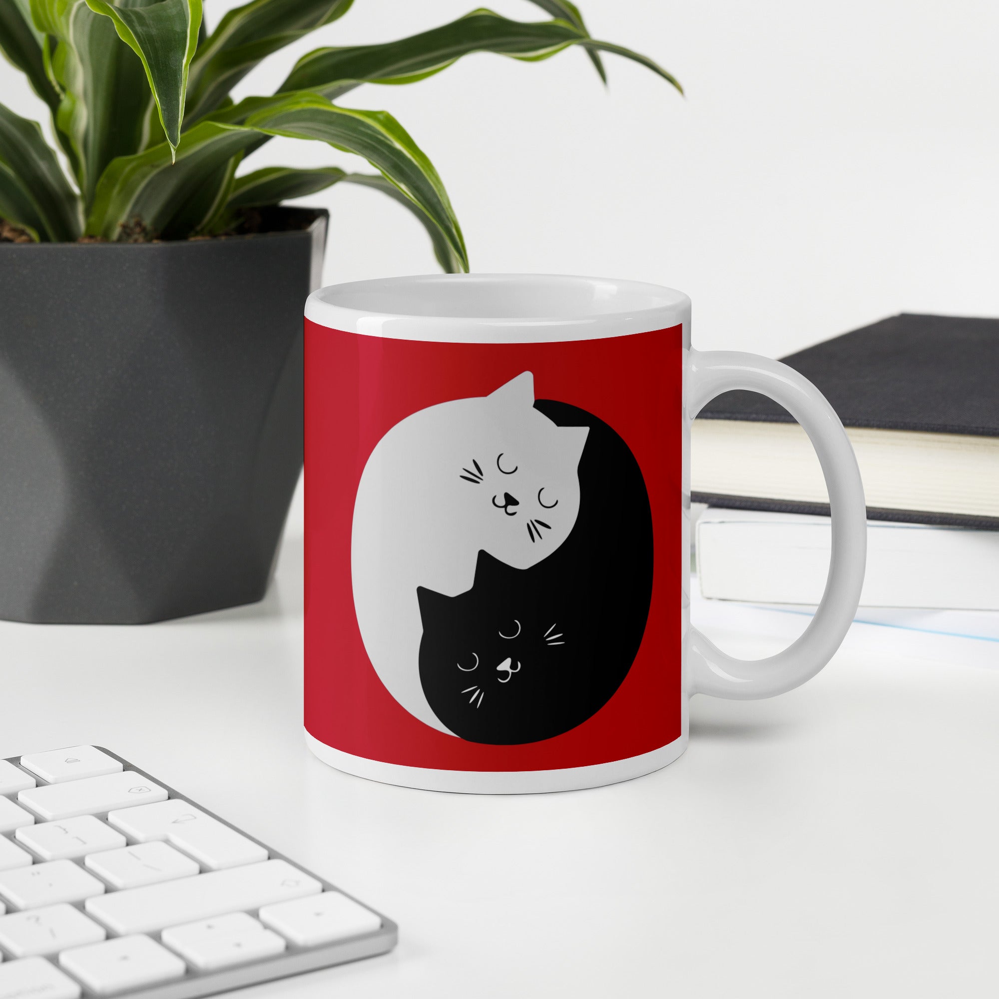 Mug Blanc Brillant Chats Enlacés Ying Yang