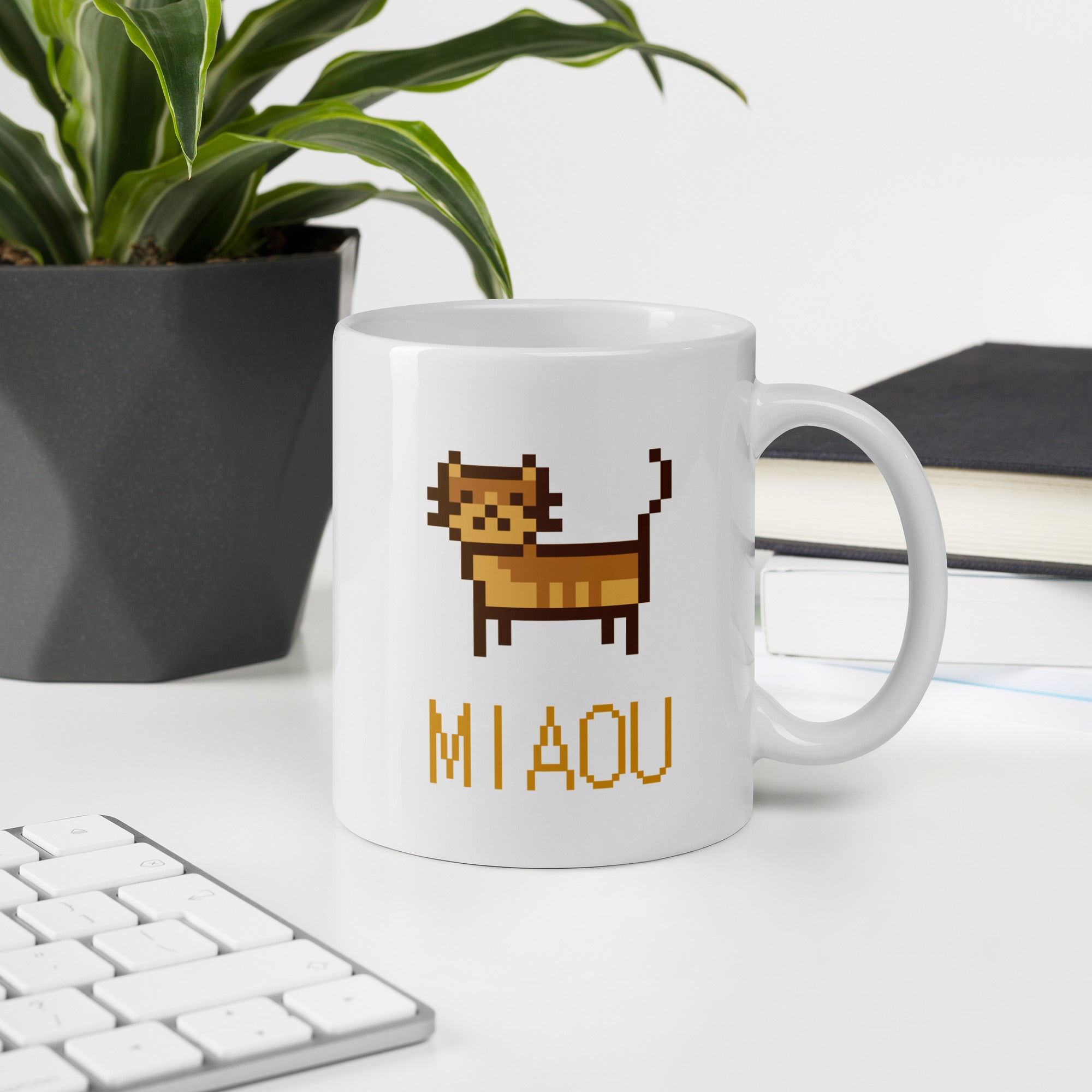 Mug Blanc Brillant Chat Pixel Miaou